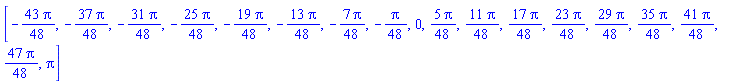 [-(43/48)*Pi, -(37/48)*Pi, -(31/48)*Pi, -(25/48)*Pi, -(19/48)*Pi, -(13/48)*Pi, -(7/48)*Pi, -(1/48)*Pi, 0, (5/48)*Pi, (11/48)*Pi, (17/48)*Pi, (23/48)*Pi, (29/48)*Pi, (35/48)*Pi, (41/48)*Pi, (47/48)*Pi, Pi]