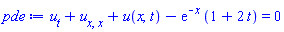 diff(u(x, t), t)+diff(diff(u(x, t), x), x)+u(x, t)-exp(-x)*(1+2*t) = 0