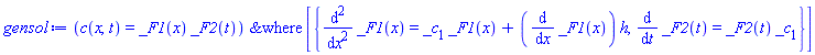 PDESolStruc(c(x, t) = _F1(x)*_F2(t), [{diff(_F2(t), t) = _F2(t)*_c[1], diff(diff(_F1(x), x), x) = _c[1]*_F1(x)+(diff(_F1(x), x))*h}])