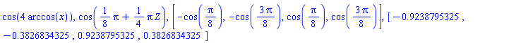 cos(4*arccos(x)), cos((1/8)*Pi+(1/4)*Pi*Z), [-cos((1/8)*Pi), -cos((3/8)*Pi), cos((1/8)*Pi), cos((3/8)*Pi)], [-.9238795325, -.3826834325, .9238795325, .3826834325]