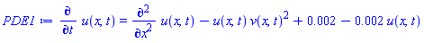 diff(u(x, t), t) = diff(diff(u(x, t), x), x)-u(x, t)*v(x, t)^2+0.2e-2-0.2e-2*u(x, t)
