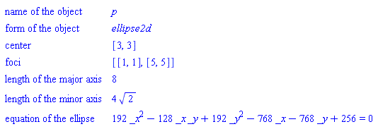 GeometryDetail(["name of the object", p], ["form of the object", ellipse2d], ["center", [3, 3]], ["foci", [[1, 1], [5, 5]]], ["length of the major axis", 8], ["length of the minor axis", 4*sqrt(2)], ["equation of the ellipse", 192*_x^2-128*_x*_y+192*_y^2-768*_x-768*_y+256 = 0])