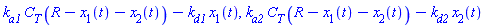 k[a1]*C[T]*(R-x[1](t)-x[2](t))-k[d1]*x[1](t), k[a2]*C[T]*(R-x[1](t)-x[2](t))-k[d2]*x[2](t)