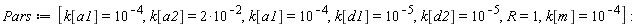 Pars := [k[a1] = 10^(-4), k[a2] = 2*10^(-2), k[a1] = 10^(-4), k[d1] = 10^(-5), k[d2] = 10^(-5), R = 1, k[m] = 10^(-4)]