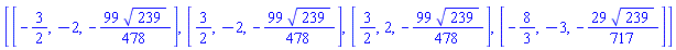 [[-3/2, -2, -(99/478)*239^(1/2)], [3/2, -2, -(99/478)*239^(1/2)], [3/2, 2, -(99/478)*239^(1/2)], [-8/3, -3, -(29/717)*239^(1/2)]]