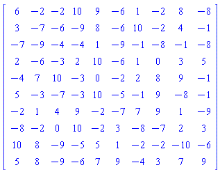 Matrix(10, 10, {(1, 1) = 6, (1, 2) = -2, (1, 3) = -2, (1, 4) = 10, (1, 5) = 9, (1, 6) = -6, (1, 7) = 1, (1, 8) = -2, (1, 9) = 8, (1, 10) = -8, (2, 1) = 3, (2, 2) = -7, (2, 3) = -6, (2, 4) = -9, (2, 5) = 8, (2, 6) = -6, (2, 7) = 10, (2, 8) = -2, (2, 9) = 4, (2, 10) = -1, (3, 1) = -7, (3, 2) = -9, (3, 3) = -4, (3, 4) = -4, (3, 5) = 1, (3, 6) = -9, (3, 7) = -1, (3, 8) = -8, (3, 9) = -1, (3, 10) = -8, (4, 1) = 2, (4, 2) = -6, (4, 3) = -3, (4, 4) = 2, (4, 5) = 10, (4, 6) = -6, (4, 7) = 1, (4, 8) = 0, (4, 9) = 3, (4, 10) = 5, (5, 1) = -4, (5, 2) = 7, (5, 3) = 10, (5, 4) = -3, (5, 5) = 0, (5, 6) = -2, (5, 7) = 2, (5, 8) = 8, (5, 9) = 9, (5, 10) = -1, (6, 1) = 5, (6, 2) = -3, (6, 3) = -7, (6, 4) = -3, (6, 5) = 10, (6, 6) = -5, (6, 7) = -1, (6, 8) = 9, (6, 9) = -8, (6, 10) = -1, (7, 1) = -2, (7, 2) = 1, (7, 3) = 4, (7, 4) = 9, (7, 5) = -2, (7, 6) = -7, (7, 7) = 7, (7, 8) = 9, (7, 9) = 1, (7, 10) = -9, (8, 1) = -8, (8, 2) = -2, (8, 3) = 0, (8, 4) = 10, (8, 5) = -2, (8, 6) = 3, (8, 7) = -8, (8, 8) = -7, (8, 9) = 2, (8, 10) = 3, (9, 1) = 10, (9, 2) = 8, (9, 3) = -9, (9, 4) = -5, (9, 5) = 5, (9, 6) = 1, (9, 7) = -2, (9, 8) = -2, (9, 9) = -10, (9, 10) = -6, (10, 1) = 5, (10, 2) = 8, (10, 3) = -9, (10, 4) = -6, (10, 5) = 7, (10, 6) = 9, (10, 7) = -4, (10, 8) = 3, (10, 9) = 7, (10, 10) = 9})