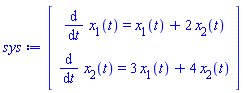 Vector(2, {(1) = diff(x[1](t), t) = x[1](t)+2*x[2](t), (2) = diff(x[2](t), t) = 3*x[1](t)+4*x[2](t)})