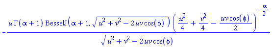 -u*GAMMA(alpha+1)*BesselJ(alpha+1, (u^2+v^2-2*uv*cos(phi))^(1/2))*((1/4)*u^2+(1/4)*v^2-(1/2)*uv*cos(phi))^(-(1/2)*alpha)/(u^2+v^2-2*uv*cos(phi))^(1/2)