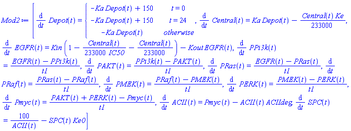 [diff(Depot(t), t) = piecewise(t = 0, -Ka*Depot(t)+150, t = 24, -Ka*Depot(t)+150, -Ka*Depot(t)), diff(Central(t), t) = Ka*Depot(t)-(1/233000)*Central(t)*Ke, diff(EGFR(t), t) = Kin*(1-(1/233000)*Central(t)/IC50-(1/233000)*Central(t))-Kout*EGFR(t), diff(PPi3k(t), t) = (EGFR(t)-PPi3k(t))/t1, diff(PAKT(t), t) = (PPi3k(t)-PAKT(t))/t1, diff(PRas(t), t) = (EGFR(t)-PRas(t))/t1, diff(PRaf(t), t) = (PRas(t)-PRaf(t))/t1, diff(PMEK(t), t) = (PRaf(t)-PMEK(t))/t1, diff(PERK(t), t) = (PMEK(t)-PERK(t))/t1, diff(Pmyc(t), t) = (PAKT(t)+PERK(t)-Pmyc(t))/t1, diff(ACII(t), t) = Pmyc(t)-ACII(t)*ACIIdeg, diff(SPC(t), t) = 100/ACII(t)-SPC(t)*Ke0]