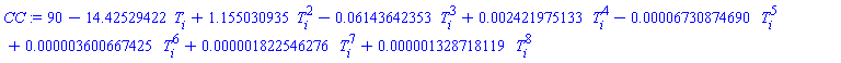 90-14.42529422*T[i]+1.155030935*T[i]^2-0.6143642353e-1*T[i]^3+0.2421975133e-2*T[i]^4-0.6730874690e-4*T[i]^5+0.3600667425e-5*T[i]^6+0.1822546276e-5*T[i]^7+0.1328718119e-5*T[i]^8