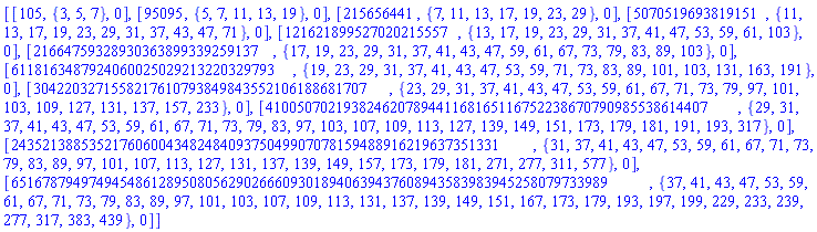 [[105, {3, 5, 7}, 0], [95095, {5, 7, 11, 13, 19}, 0], [215656441, {7, 11, 13, 17, 19, 23, 29}, 0], [5070519693819151, {11, 13, 17, 19, 23, 29, 31, 37, 43, 47, 71}, 0], [121621899527020215557, {13, 17, 19, 23, 29, 31, 37, 41, 47, 53, 59, 61, 103}, 0], [21664759328930363899339259137, {17, 19, 23, 29, 31, 37, 41, 43, 47, 59, 61, 67, 73, 79, 83, 89, 103}, 0], [6118163487924060025029213220329793, {19, 23, 29, 31, 37, 41, 43, 47, 53, 59, 71, 73, 83, 89, 101, 103, 131, 163, 191}, 0], [3042203271558217610793849843552106188681707, {23, 29, 31, 37, 41, 43, 47, 53, 59, 61, 67, 71, 73, 79, 97, 101, 103, 109, 127, 131, 137, 157, 233}, 0], [410050702193824620789441168165116752238670790985538614407, {29, 31, 37, 41, 43, 47, 53, 59, 61, 67, 71, 73, 79, 83, 97, 103, 107, 109, 113, 127, 139, 149, 151, 173, 179, 181, 191, 193, 317}, 0], [243521388535217606004348248409375049907078159488916219637351331, {31, 37, 41, 43, 47, 53, 59, 61, 67, 71, 73, 79, 83, 89, 97, 101, 107, 113, 127, 131, 137, 139, 149, 157, 173, 179, 181, 271, 277, 311, 577}, 0], [65167879497494548612895080562902666093018940639437608943583983945258079733989, {37, 41, 43, 47, 53, 59, 61, 67, 71, 73, 79, 83, 89, 97, 101, 103, 107, 109, 113, 131, 137, 139, 149, 151, 167, 173, 179, 193, 197, 199, 229, 233, 239, 277, 317, 383, 439}, 0]]