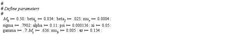 M__h := .50; beta__o := 0.34e-1; beta__1 := 0.25e-1; mu__r := 0.4e-3; sigma := .7902; alpha := .11; psi := 0.136e-3; xi := 0.5e-1; gamma := .7; M__c := .636; mu__b := 0.5e-2; `&varpi;` := .134