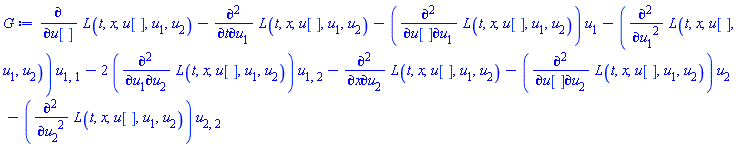 diff(L(t, x, u[], u[1], u[2]), u[])-(diff(diff(L(t, x, u[], u[1], u[2]), t), u[1]))-(diff(diff(L(t, x, u[], u[1], u[2]), u[]), u[1]))*u[1]-(diff(diff(L(t, x, u[], u[1], u[2]), u[1]), u[1]))*u[1, 1]-2*(diff(diff(L(t, x, u[], u[1], u[2]), u[1]), u[2]))*u[1, 2]-(diff(diff(L(t, x, u[], u[1], u[2]), x), u[2]))-(diff(diff(L(t, x, u[], u[1], u[2]), u[]), u[2]))*u[2]-(diff(diff(L(t, x, u[], u[1], u[2]), u[2]), u[2]))*u[2, 2]