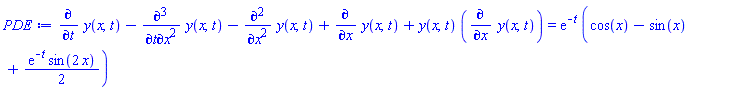 diff(y(x, t), t)-(diff(diff(diff(y(x, t), t), x), x))-(diff(diff(y(x, t), x), x))+diff(y(x, t), x)+y(x, t)*(diff(y(x, t), x)) = exp(-t)*(cos(x)-sin(x)+(1/2)*exp(-t)*sin(2*x))