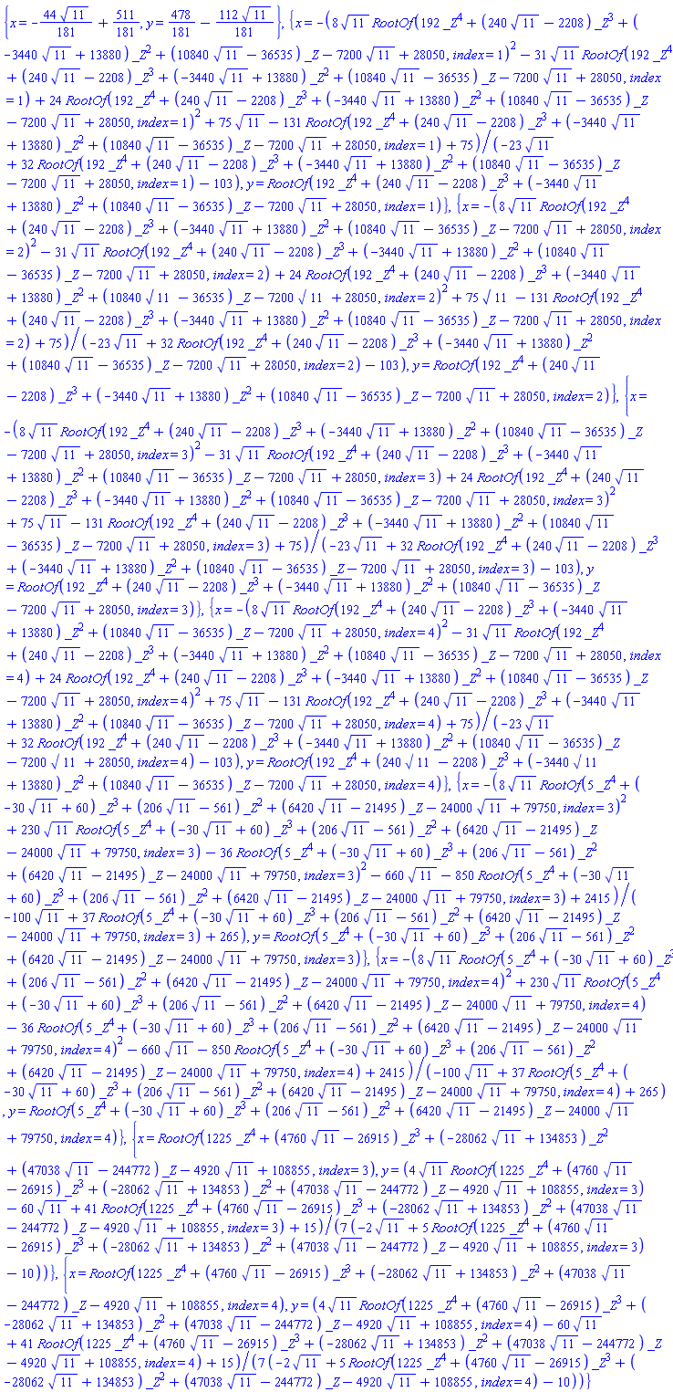 {x = -(44/181)*11^(1/2)+511/181, y = 478/181-(112/181)*11^(1/2)}, {x = -(8*11^(1/2)*RootOf(192*_Z^4+(240*11^(1/2)-2208)*_Z^3+(-3440*11^(1/2)+13880)*_Z^2+(10840*11^(1/2)-36535)*_Z-7200*11^(1/2)+28050, index = 1)^2-31*11^(1/2)*RootOf(192*_Z^4+(240*11^(1/2)-2208)*_Z^3+(-3440*11^(1/2)+13880)*_Z^2+(10840*11^(1/2)-36535)*_Z-7200*11^(1/2)+28050, index = 1)+24*RootOf(192*_Z^4+(240*11^(1/2)-2208)*_Z^3+(-3440*11^(1/2)+13880)*_Z^2+(10840*11^(1/2)-36535)*_Z-7200*11^(1/2)+28050, index = 1)^2+75*11^(1/2)-131*RootOf(192*_Z^4+(240*11^(1/2)-2208)*_Z^3+(-3440*11^(1/2)+13880)*_Z^2+(10840*11^(1/2)-36535)*_Z-7200*11^(1/2)+28050, index = 1)+75)/(-23*11^(1/2)+32*RootOf(192*_Z^4+(240*11^(1/2)-2208)*_Z^3+(-3440*11^(1/2)+13880)*_Z^2+(10840*11^(1/2)-36535)*_Z-7200*11^(1/2)+28050, index = 1)-103), y = RootOf(192*_Z^4+(240*11^(1/2)-2208)*_Z^3+(-3440*11^(1/2)+13880)*_Z^2+(10840*11^(1/2)-36535)*_Z-7200*11^(1/2)+28050, index = 1)}, {x = -(8*11^(1/2)*RootOf(192*_Z^4+(240*11^(1/2)-2208)*_Z^3+(-3440*11^(1/2)+13880)*_Z^2+(10840*11^(1/2)-36535)*_Z-7200*11^(1/2)+28050, index = 2)^2-31*11^(1/2)*RootOf(192*_Z^4+(240*11^(1/2)-2208)*_Z^3+(-3440*11^(1/2)+13880)*_Z^2+(10840*11^(1/2)-36535)*_Z-7200*11^(1/2)+28050, index = 2)+24*RootOf(192*_Z^4+(240*11^(1/2)-2208)*_Z^3+(-3440*11^(1/2)+13880)*_Z^2+(10840*11^(1/2)-36535)*_Z-7200*11^(1/2)+28050, index = 2)^2+75*11^(1/2)-131*RootOf(192*_Z^4+(240*11^(1/2)-2208)*_Z^3+(-3440*11^(1/2)+13880)*_Z^2+(10840*11^(1/2)-36535)*_Z-7200*11^(1/2)+28050, index = 2)+75)/(-23*11^(1/2)+32*RootOf(192*_Z^4+(240*11^(1/2)-2208)*_Z^3+(-3440*11^(1/2)+13880)*_Z^2+(10840*11^(1/2)-36535)*_Z-7200*11^(1/2)+28050, index = 2)-103), y = RootOf(192*_Z^4+(240*11^(1/2)-2208)*_Z^3+(-3440*11^(1/2)+13880)*_Z^2+(10840*11^(1/2)-36535)*_Z-7200*11^(1/2)+28050, index = 2)}, {x = -(8*11^(1/2)*RootOf(192*_Z^4+(240*11^(1/2)-2208)*_Z^3+(-3440*11^(1/2)+13880)*_Z^2+(10840*11^(1/2)-36535)*_Z-7200*11^(1/2)+28050, index = 3)^2-31*11^(1/2)*RootOf(192*_Z^4+(240*11^(1/2)-2208)*_Z^3+(-3440*11^(1/2)+13880)*_Z^2+(10840*11^(1/2)-36535)*_Z-7200*11^(1/2)+28050, index = 3)+24*RootOf(192*_Z^4+(240*11^(1/2)-2208)*_Z^3+(-3440*11^(1/2)+13880)*_Z^2+(10840*11^(1/2)-36535)*_Z-7200*11^(1/2)+28050, index = 3)^2+75*11^(1/2)-131*RootOf(192*_Z^4+(240*11^(1/2)-2208)*_Z^3+(-3440*11^(1/2)+13880)*_Z^2+(10840*11^(1/2)-36535)*_Z-7200*11^(1/2)+28050, index = 3)+75)/(-23*11^(1/2)+32*RootOf(192*_Z^4+(240*11^(1/2)-2208)*_Z^3+(-3440*11^(1/2)+13880)*_Z^2+(10840*11^(1/2)-36535)*_Z-7200*11^(1/2)+28050, index = 3)-103), y = RootOf(192*_Z^4+(240*11^(1/2)-2208)*_Z^3+(-3440*11^(1/2)+13880)*_Z^2+(10840*11^(1/2)-36535)*_Z-7200*11^(1/2)+28050, index = 3)}, {x = -(8*11^(1/2)*RootOf(192*_Z^4+(240*11^(1/2)-2208)*_Z^3+(-3440*11^(1/2)+13880)*_Z^2+(10840*11^(1/2)-36535)*_Z-7200*11^(1/2)+28050, index = 4)^2-31*11^(1/2)*RootOf(192*_Z^4+(240*11^(1/2)-2208)*_Z^3+(-3440*11^(1/2)+13880)*_Z^2+(10840*11^(1/2)-36535)*_Z-7200*11^(1/2)+28050, index = 4)+24*RootOf(192*_Z^4+(240*11^(1/2)-2208)*_Z^3+(-3440*11^(1/2)+13880)*_Z^2+(10840*11^(1/2)-36535)*_Z-7200*11^(1/2)+28050, index = 4)^2+75*11^(1/2)-131*RootOf(192*_Z^4+(240*11^(1/2)-2208)*_Z^3+(-3440*11^(1/2)+13880)*_Z^2+(10840*11^(1/2)-36535)*_Z-7200*11^(1/2)+28050, index = 4)+75)/(-23*11^(1/2)+32*RootOf(192*_Z^4+(240*11^(1/2)-2208)*_Z^3+(-3440*11^(1/2)+13880)*_Z^2+(10840*11^(1/2)-36535)*_Z-7200*11^(1/2)+28050, index = 4)-103), y = RootOf(192*_Z^4+(240*11^(1/2)-2208)*_Z^3+(-3440*11^(1/2)+13880)*_Z^2+(10840*11^(1/2)-36535)*_Z-7200*11^(1/2)+28050, index = 4)}, {x = -(8*11^(1/2)*RootOf(5*_Z^4+(-30*11^(1/2)+60)*_Z^3+(206*11^(1/2)-561)*_Z^2+(6420*11^(1/2)-21495)*_Z-24000*11^(1/2)+79750, index = 3)^2+230*11^(1/2)*RootOf(5*_Z^4+(-30*11^(1/2)+60)*_Z^3+(206*11^(1/2)-561)*_Z^2+(6420*11^(1/2)-21495)*_Z-24000*11^(1/2)+79750, index = 3)-36*RootOf(5*_Z^4+(-30*11^(1/2)+60)*_Z^3+(206*11^(1/2)-561)*_Z^2+(6420*11^(1/2)-21495)*_Z-24000*11^(1/2)+79750, index = 3)^2-660*11^(1/2)-850*RootOf(5*_Z^4+(-30*11^(1/2)+60)*_Z^3+(206*11^(1/2)-561)*_Z^2+(6420*11^(1/2)-21495)*_Z-24000*11^(1/2)+79750, index = 3)+2415)/(-100*11^(1/2)+37*RootOf(5*_Z^4+(-30*11^(1/2)+60)*_Z^3+(206*11^(1/2)-561)*_Z^2+(6420*11^(1/2)-21495)*_Z-24000*11^(1/2)+79750, index = 3)+265), y = RootOf(5*_Z^4+(-30*11^(1/2)+60)*_Z^3+(206*11^(1/2)-561)*_Z^2+(6420*11^(1/2)-21495)*_Z-24000*11^(1/2)+79750, index = 3)}, {x = -(8*11^(1/2)*RootOf(5*_Z^4+(-30*11^(1/2)+60)*_Z^3+(206*11^(1/2)-561)*_Z^2+(6420*11^(1/2)-21495)*_Z-24000*11^(1/2)+79750, index = 4)^2+230*11^(1/2)*RootOf(5*_Z^4+(-30*11^(1/2)+60)*_Z^3+(206*11^(1/2)-561)*_Z^2+(6420*11^(1/2)-21495)*_Z-24000*11^(1/2)+79750, index = 4)-36*RootOf(5*_Z^4+(-30*11^(1/2)+60)*_Z^3+(206*11^(1/2)-561)*_Z^2+(6420*11^(1/2)-21495)*_Z-24000*11^(1/2)+79750, index = 4)^2-660*11^(1/2)-850*RootOf(5*_Z^4+(-30*11^(1/2)+60)*_Z^3+(206*11^(1/2)-561)*_Z^2+(6420*11^(1/2)-21495)*_Z-24000*11^(1/2)+79750, index = 4)+2415)/(-100*11^(1/2)+37*RootOf(5*_Z^4+(-30*11^(1/2)+60)*_Z^3+(206*11^(1/2)-561)*_Z^2+(6420*11^(1/2)-21495)*_Z-24000*11^(1/2)+79750, index = 4)+265), y = RootOf(5*_Z^4+(-30*11^(1/2)+60)*_Z^3+(206*11^(1/2)-561)*_Z^2+(6420*11^(1/2)-21495)*_Z-24000*11^(1/2)+79750, index = 4)}, {x = RootOf(1225*_Z^4+(4760*11^(1/2)-26915)*_Z^3+(-28062*11^(1/2)+134853)*_Z^2+(47038*11^(1/2)-244772)*_Z-4920*11^(1/2)+108855, index = 3), y = (1/7)*(4*11^(1/2)*RootOf(1225*_Z^4+(4760*11^(1/2)-26915)*_Z^3+(-28062*11^(1/2)+134853)*_Z^2+(47038*11^(1/2)-244772)*_Z-4920*11^(1/2)+108855, index = 3)-60*11^(1/2)+41*RootOf(1225*_Z^4+(4760*11^(1/2)-26915)*_Z^3+(-28062*11^(1/2)+134853)*_Z^2+(47038*11^(1/2)-244772)*_Z-4920*11^(1/2)+108855, index = 3)+15)/(-2*11^(1/2)+5*RootOf(1225*_Z^4+(4760*11^(1/2)-26915)*_Z^3+(-28062*11^(1/2)+134853)*_Z^2+(47038*11^(1/2)-244772)*_Z-4920*11^(1/2)+108855, index = 3)-10)}, {x = RootOf(1225*_Z^4+(4760*11^(1/2)-26915)*_Z^3+(-28062*11^(1/2)+134853)*_Z^2+(47038*11^(1/2)-244772)*_Z-4920*11^(1/2)+108855, index = 4), y = (1/7)*(4*11^(1/2)*RootOf(1225*_Z^4+(4760*11^(1/2)-26915)*_Z^3+(-28062*11^(1/2)+134853)*_Z^2+(47038*11^(1/2)-244772)*_Z-4920*11^(1/2)+108855, index = 4)-60*11^(1/2)+41*RootOf(1225*_Z^4+(4760*11^(1/2)-26915)*_Z^3+(-28062*11^(1/2)+134853)*_Z^2+(47038*11^(1/2)-244772)*_Z-4920*11^(1/2)+108855, index = 4)+15)/(-2*11^(1/2)+5*RootOf(1225*_Z^4+(4760*11^(1/2)-26915)*_Z^3+(-28062*11^(1/2)+134853)*_Z^2+(47038*11^(1/2)-244772)*_Z-4920*11^(1/2)+108855, index = 4)-10)}