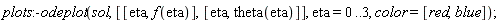 plots:-odeplot(sol, [[eta, f(eta)], [eta, theta(eta)]], eta = 0 .. 3, color = [red, blue])
