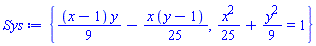 {(1/9)*(x-1)*y-(1/25)*x*(y-1), (1/25)*x^2+(1/9)*y^2 = 1}