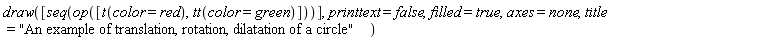 draw([seq(op([t(color = red), tt(color = green)]))], printtext = false, filled = true, axes = none, title = "An example of translation, rotation, dilatation of a circle")
