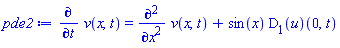 diff(v(x, t), t) = diff(diff(v(x, t), x), x)+sin(x)*(D[1](u))(0, t)