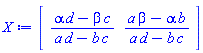 Vector[row](2, {(1) = (alpha*d-beta*c)/(a*d-b*c), (2) = (a*beta-alpha*b)/(a*d-b*c)})