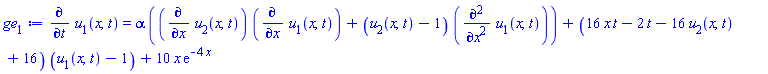 diff(u[1](x, t), t) = alpha*((diff(u[2](x, t), x))*(diff(u[1](x, t), x))+(u[2](x, t)-1)*(diff(diff(u[1](x, t), x), x)))+(16*x*t-2*t-16*u[2](x, t)+16)*(u[1](x, t)-1)+10*x*exp(-4*x)