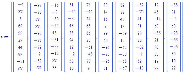 {Vector(10, {(1) = -4, (2) = 27, (3) = 8, (4) = 69, (5) = 99, (6) = 29, (7) = 44, (8) = 92, (9) = -31, (10) = 67}), Vector(10, {(1) = -98, (2) = -77, (3) = 57, (4) = 27, (5) = -93, (6) = -76, (7) = -72, (8) = -2, (9) = -32, (10) = -74}), Vector(10, {(1) = -16, (2) = -9, (3) = -50, (4) = -22, (5) = 45, (6) = -81, (7) = -38, (8) = -18, (9) = 87, (10) = 33}), Vector(10, {(1) = 31, (2) = -50, (3) = -80, (4) = 43, (5) = 25, (6) = 94, (7) = 12, (8) = -2, (9) = 50, (10) = 10}), Vector(10, {(1) = 76, (2) = -44, (3) = 24, (4) = 65, (5) = 86, (6) = 20, (7) = -61, (8) = -48, (9) = 77, (10) = 9}), Vector(10, {(1) = 22, (2) = 14, (3) = 16, (4) = 9, (5) = 99, (6) = 60, (7) = -95, (8) = -20, (9) = -25, (10) = 51}), Vector(10, {(1) = 82, (2) = 72, (3) = 42, (4) = 18, (5) = -59, (6) = 12, (7) = -62, (8) = -33, (9) = -68, (10) = -67}), Vector(10, {(1) = -82, (2) = -70, (3) = 41, (4) = 91, (5) = 29, (6) = 70, (7) = -32, (8) = -1, (9) = 52, (10) = -13}), Vector(10, {(1) = 12, (2) = 45, (3) = -14, (4) = 60, (5) = -35, (6) = 21, (7) = 90, (8) = 80, (9) = 19, (10) = 88}), Vector(10, {(1) = -38, (2) = 91, (3) = -1, (4) = 63, (5) = -23, (6) = -63, (7) = -26, (8) = 30, (9) = 10, (10) = 22})}