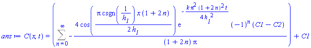 C(x, t) = Sum(-4*cos((1/2)*Pi*csgn(1/h__1)*x*(1+2*n)/h__1)*exp(-(1/4)*k*Pi^2*(1+2*n)^2*t/h__1^2)*(-1)^n*(C1-C2)/((1+2*n)*Pi), n = 0 .. infinity)+C1