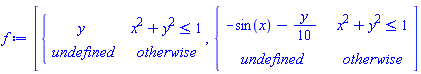 f := [piecewise(x^2+y^2 <= 1, y, undefined), piecewise(x^2+y^2 <= 1, -sin(x)-(1/10)*y, undefined)]