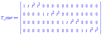 Matrix(4, 16, {(1, 1) = 1, (1, 2) = t, (1, 3) = t^2, (1, 4) = t^3, (1, 5) = 0, (1, 6) = 0, (1, 7) = 0, (1, 8) = 0, (1, 9) = 0, (1, 10) = 0, (1, 11) = 0, (1, 12) = 0, (1, 13) = 0, (1, 14) = 0, (1, 15) = 0, (1, 16) = 0, (2, 1) = 0, (2, 2) = 0, (2, 3) = 0, (2, 4) = 0, (2, 5) = 1, (2, 6) = t, (2, 7) = t^2, (2, 8) = t^3, (2, 9) = 0, (2, 10) = 0, (2, 11) = 0, (2, 12) = 0, (2, 13) = 0, (2, 14) = 0, (2, 15) = 0, (2, 16) = 0, (3, 1) = 0, (3, 2) = 0, (3, 3) = 0, (3, 4) = 0, (3, 5) = 0, (3, 6) = 0, (3, 7) = 0, (3, 8) = 0, (3, 9) = 1, (3, 10) = t, (3, 11) = t^2, (3, 12) = t^3, (3, 13) = 0, (3, 14) = 0, (3, 15) = 0, (3, 16) = 0, (4, 1) = 0, (4, 2) = 0, (4, 3) = 0, (4, 4) = 0, (4, 5) = 0, (4, 6) = 0, (4, 7) = 0, (4, 8) = 0, (4, 9) = 0, (4, 10) = 0, (4, 11) = 0, (4, 12) = 0, (4, 13) = 1, (4, 14) = t, (4, 15) = t^2, (4, 16) = t^3})