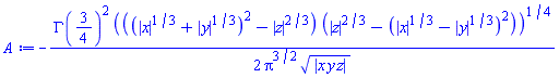 -(1/2)*GAMMA(3/4)^2*(((abs(x)^(1/3)+abs(y)^(1/3))^2-abs(z)^(2/3))*(abs(z)^(2/3)-(abs(x)^(1/3)-abs(y)^(1/3))^2))^(1/4)/(Pi^(3/2)*abs(x*y*z)^(1/2))