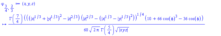 proc (x, y, z) options operator, arrow; (1/60)*GAMMA(7/4)*(((abs(x)^(1/3)+abs(y)^(1/3))^2-abs(z)^(2/3))*(abs(z)^(2/3)-(abs(x)^(1/3)-abs(y)^(1/3))^2))^(1/4)*(10+66*cos(phi)^3-36*cos(phi))/(sqrt(2*Pi)*GAMMA(5/4)*abs(x*y*z)^(1/2)) end proc