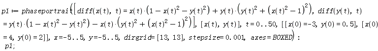 p1 := phaseportrait([diff(x(t), t) = x(t)*(1-x(t)^2-y(t)^2)+y(t)*(y(t)^2+(x(t)^2-1)^2), diff(y(t), t) = y(t)*(1-x(t)^2-y(t)^2)-x(t)*(y(t)^2+(x(t)^2-1)^2)], [x(t), y(t)], t = 0 .. 50, [[x(0) = -3, y(0) = .5], [x(0) = 4, y(0) = 2]], x = -5 .. 5, y = -5 .. 5, dirgrid = [13, 13], stepsize = 0.1e-2, axes = BOXED); p1