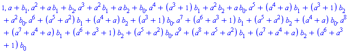 1, a+b[1], a^2+a*b[1]+b[2], a^3+a^2*b[1]+a*b[2]+b[0], a^4+(a^3+1)*b[1]+a^2*b[2]+a*b[0], a^5+(a^4+a)*b[1]+(a^3+1)*b[2]+a^2*b[0], a^6+(a^5+a^2)*b[1]+(a^4+a)*b[2]+(a^3+1)*b[0], a^7+(a^6+a^3+1)*b[1]+(a^5+a^2)*b[2]+(a^4+a)*b[0], a^8+(a^7+a^4+a)*b[1]+(a^6+a^3+1)*b[2]+(a^5+a^2)*b[0], a^9+(a^8+a^5+a^2)*b[1]+(a^7+a^4+a)*b[2]+(a^6+a^3+1)*b[0]