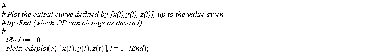 tEnd := 10; plots:-odeplot(F, [x(t), y(t), z(t)], t = 0 .. tEnd)