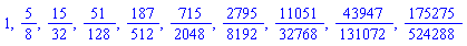 1, 5/8, 15/32, 51/128, 187/512, 715/2048, 2795/8192, 11051/32768, 43947/131072, 175275/524288