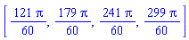 [(121/60)*Pi, (179/60)*Pi, (241/60)*Pi, (299/60)*Pi]