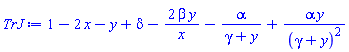 1-2*x-y+delta-2*beta*y/x-alpha/(gamma+y)+alpha*y/(gamma+y)^2