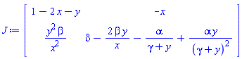J := Matrix(2, 2, {(1, 1) = 1-2*x-y, (1, 2) = -x, (2, 1) = y^2*beta/x^2, (2, 2) = delta-2*beta*y/x-alpha/(gamma+y)+alpha*y/(gamma+y)^2})