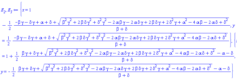 {x = 1-(1/2)*(-beta*gamma-delta*gamma+alpha+delta+(beta^2*gamma^2+2*beta*delta*gamma^2+delta^2*gamma^2-2*alpha*beta*gamma-2*alpha*delta*gamma+2*beta*delta*gamma+2*delta^2*gamma+alpha^2-4*alpha*beta-2*alpha*delta+delta^2)^(1/2))/(beta+delta), y = (1/2)*(-beta*gamma-delta*gamma+alpha+delta+(beta^2*gamma^2+2*beta*delta*gamma^2+delta^2*gamma^2-2*alpha*beta*gamma-2*alpha*delta*gamma+2*beta*delta*gamma+2*delta^2*gamma+alpha^2-4*alpha*beta-2*alpha*delta+delta^2)^(1/2))/(beta+delta)}, {x = 1+(1/2)*(beta*gamma+delta*gamma+(beta^2*gamma^2+2*beta*delta*gamma^2+delta^2*gamma^2-2*alpha*beta*gamma-2*alpha*delta*gamma+2*beta*delta*gamma+2*delta^2*gamma+alpha^2-4*alpha*beta-2*alpha*delta+delta^2)^(1/2)-alpha-delta)/(beta+delta), y = -(1/2)*(beta*gamma+delta*gamma+(beta^2*gamma^2+2*beta*delta*gamma^2+delta^2*gamma^2-2*alpha*beta*gamma-2*alpha*delta*gamma+2*beta*delta*gamma+2*delta^2*gamma+alpha^2-4*alpha*beta-2*alpha*delta+delta^2)^(1/2)-alpha-delta)/(beta+delta)}