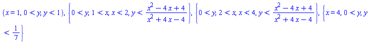 {x = 1, 0 < y, y < 1}, {0 < y, 1 < x, x < 2, y < (x^2-4*x+4)/(x^2+4*x-4)}, {0 < y, 2 < x, x < 4, y < (x^2-4*x+4)/(x^2+4*x-4)}, {x = 4, 0 < y, y < 1/7}