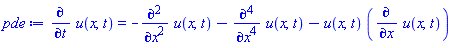 diff(u(x, t), t) = -(diff(diff(u(x, t), x), x))-(diff(diff(diff(diff(u(x, t), x), x), x), x))-u(x, t)*(diff(u(x, t), x))