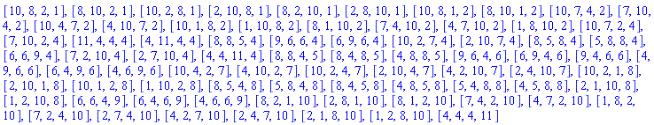 [10, 8, 2, 1], [8, 10, 2, 1], [10, 2, 8, 1], [2, 10, 8, 1], [8, 2, 10, 1], [2, 8, 10, 1], [10, 8, 1, 2], [8, 10, 1, 2], [10, 7, 4, 2], [7, 10, 4, 2], [10, 4, 7, 2], [4, 10, 7, 2], [10, 1, 8, 2], [1, 10, 8, 2], [8, 1, 10, 2], [7, 4, 10, 2], [4, 7, 10, 2], [1, 8, 10, 2], [10, 7, 2, 4], [7, 10, 2, 4], [11, 4, 4, 4], [4, 11, 4, 4], [8, 8, 5, 4], [9, 6, 6, 4], [6, 9, 6, 4], [10, 2, 7, 4], [2, 10, 7, 4], [8, 5, 8, 4], [5, 8, 8, 4], [6, 6, 9, 4], [7, 2, 10, 4], [2, 7, 10, 4], [4, 4, 11, 4], [8, 8, 4, 5], [8, 4, 8, 5], [4, 8, 8, 5], [9, 6, 4, 6], [6, 9, 4, 6], [9, 4, 6, 6], [4, 9, 6, 6], [6, 4, 9, 6], [4, 6, 9, 6], [10, 4, 2, 7], [4, 10, 2, 7], [10, 2, 4, 7], [2, 10, 4, 7], [4, 2, 10, 7], [2, 4, 10, 7], [10, 2, 1, 8], [2, 10, 1, 8], [10, 1, 2, 8], [1, 10, 2, 8], [8, 5, 4, 8], [5, 8, 4, 8], [8, 4, 5, 8], [4, 8, 5, 8], [5, 4, 8, 8], [4, 5, 8, 8], [2, 1, 10, 8], [1, 2, 10, 8], [6, 6, 4, 9], [6, 4, 6, 9], [4, 6, 6, 9], [8, 2, 1, 10], [2, 8, 1, 10], [8, 1, 2, 10], [7, 4, 2, 10], [4, 7, 2, 10], [1, 8, 2, 10], [7, 2, 4, 10], [2, 7, 4, 10], [4, 2, 7, 10], [2, 4, 7, 10], [2, 1, 8, 10], [1, 2, 8, 10], [4, 4, 4, 11]