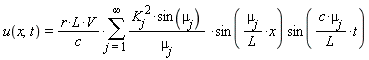 u(x, t) = r*L*V*(sum(K__j^2*sin(`&mu;__j`)*sin(`&mu;__j`*x/L)*sin(c*`&mu;__j`*t/L)/`&mu;__j`, j = 1 .. infinity))/c