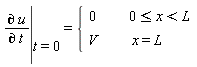 "((&PartialD; u)/(&PartialD; t)) ? ()|() ? (t=0)={[[0,        0<=x<L],[V,x=L]]"