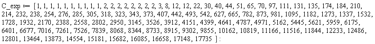 C_exp := [1, 1, 1, 1, 1, 1, 1, 1, 1, 1, 2, 2, 2, 2, 2, 2, 2, 2, 3, 8, 12, 12, 22, 30, 40, 44, 51, 65, 70, 97, 111, 131, 135, 174, 184, 210, 214, 232, 238, 254, 276, 285, 305, 318, 323, 343, 373, 407, 442, 493, 542, 627, 665, 782, 873, 981, 1095, 1182, 1273, 1337, 1532, 1728, 1932, 2170, 2388, 2558, 2802, 2950, 3145, 3526, 3912, 4151, 4399, 4641, 4787, 4971, 5162, 5445, 5621, 5959, 6175, 6401, 6677, 7016, 7261, 7526, 7839, 8068, 8344, 8733, 8915, 9302, 9855, 10162, 10819, 11166, 11516, 11844, 12233, 12486, 12801, 13464, 13873, 14554, 15181, 15682, 16085, 16658, 17148, 17735]: