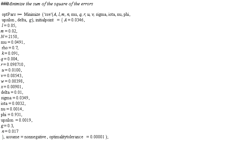 optPars := Minimize(('sse')(A, l, m, n, mu, q, r, u, v, sigma, iota, nu, phi, upsilon, delta, g), initialpoint = {A = 0.346e-1, N = 2150, delta = 0.1e-1, g = .3, iota = 0.32e-2, k = 0.91e-1, l = 0.5e-1, m = 0.2e-1, mu = 0.491e-1, n = 0.17e-1, nu = 0.14e-2, phi = .931, q = 0.4e-2, r = 0.98710e-1, rho = .7, sigma = 0.349e-1, u = 0.100e-1, upsilon = 0.19e-2, v = 0.8543e-1, w = 0.398e-2, x = 0.901e-2}, assume = nonnegative, optimalitytolerance = 0.1e-4)
