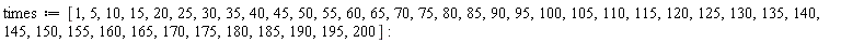 times := [1, 5, 10, 15, 20, 25, 30, 35, 40, 45, 50, 55, 60, 65, 70, 75, 80, 85, 90, 95, 100, 105, 110, 115, 120, 125, 130, 135, 140, 145, 150, 155, 160, 165, 170, 175, 180, 185, 190, 195, 200]: