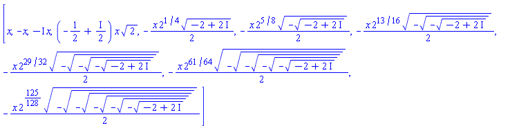 [x, -x, -I*x, (-1/2+(1/2)*I)*x*2^(1/2), -(1/2)*x*2^(1/4)*(-2+2*I)^(1/2), -(1/2)*x*2^(5/8)*(-(-2+2*I)^(1/2))^(1/2), -(1/2)*x*2^(13/16)*(-(-(-2+2*I)^(1/2))^(1/2))^(1/2), -(1/2)*x*2^(29/32)*(-(-(-(-2+2*I)^(1/2))^(1/2))^(1/2))^(1/2), -(1/2)*x*2^(61/64)*(-(-(-(-(-2+2*I)^(1/2))^(1/2))^(1/2))^(1/2))^(1/2), -(1/2)*x*2^(125/128)*(-(-(-(-(-(-2+2*I)^(1/2))^(1/2))^(1/2))^(1/2))^(1/2))^(1/2)]