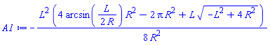 -(1/8)*L^2*(4*arcsin((1/2)*L/R)*R^2-2*Pi*R^2+L*(-L^2+4*R^2)^(1/2))/R^2