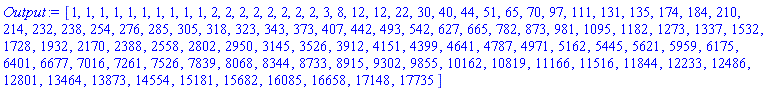 [1, 1, 1, 1, 1, 1, 1, 1, 1, 1, 2, 2, 2, 2, 2, 2, 2, 2, 3, 8, 12, 12, 22, 30, 40, 44, 51, 65, 70, 97, 111, 131, 135, 174, 184, 210, 214, 232, 238, 254, 276, 285, 305, 318, 323, 343, 373, 407, 442, 493, 542, 627, 665, 782, 873, 981, 1095, 1182, 1273, 1337, 1532, 1728, 1932, 2170, 2388, 2558, 2802, 2950, 3145, 3526, 3912, 4151, 4399, 4641, 4787, 4971, 5162, 5445, 5621, 5959, 6175, 6401, 6677, 7016, 7261, 7526, 7839, 8068, 8344, 8733, 8915, 9302, 9855, 10162, 10819, 11166, 11516, 11844, 12233, 12486, 12801, 13464, 13873, 14554, 15181, 15682, 16085, 16658, 17148, 17735]